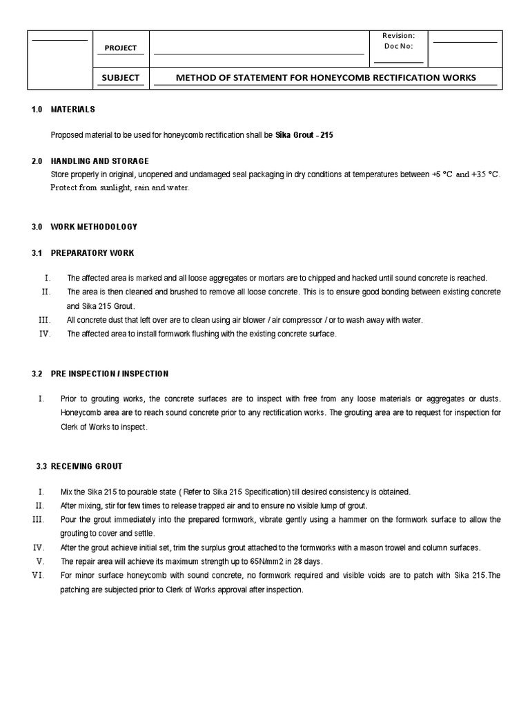 Honeycomb Rectification Method Statement | PDF | Concrete | Materials