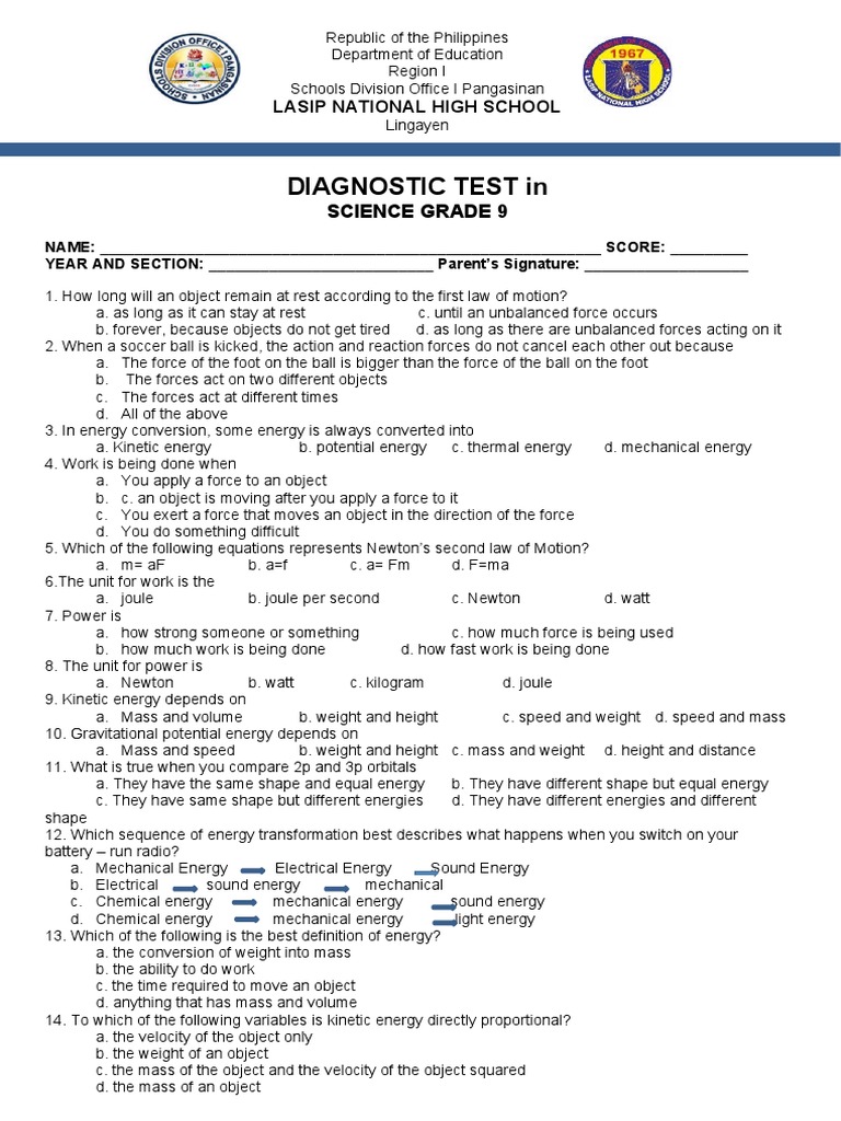 Grade 9 Science Diagnostic Test | PDF | Atoms | Potential Energy