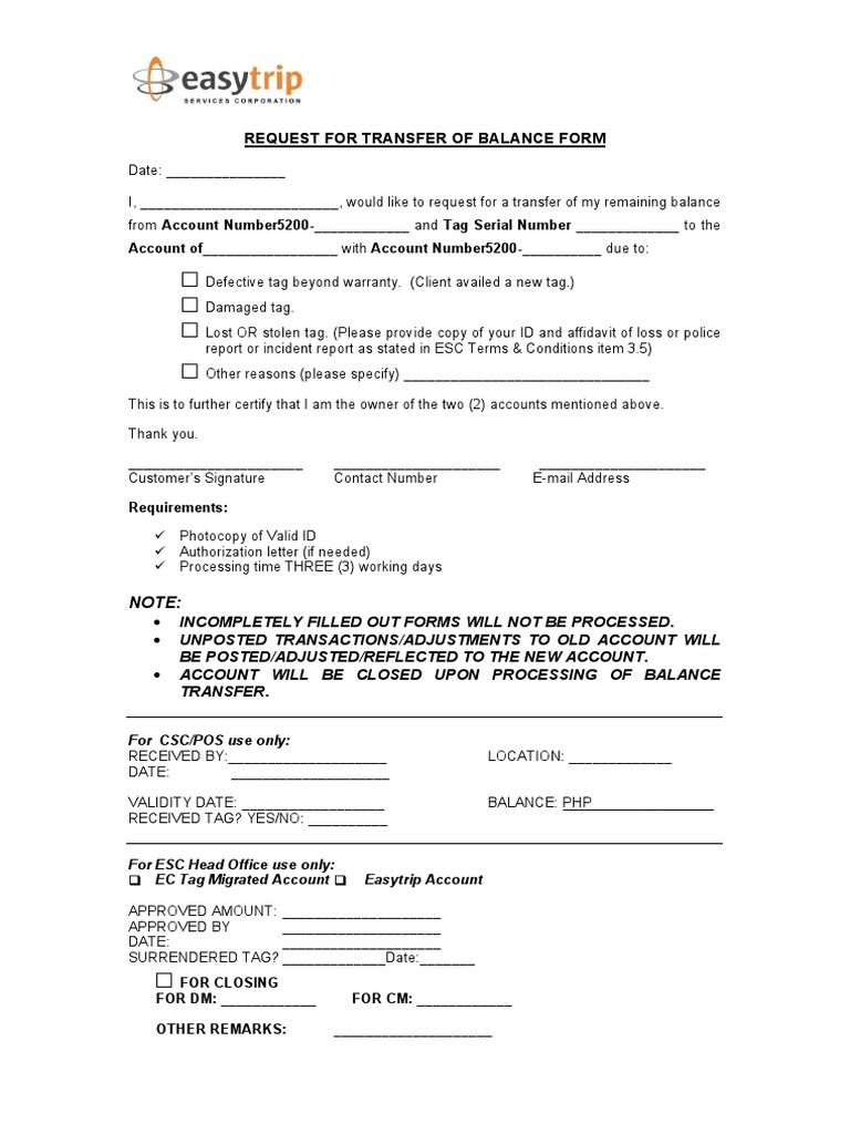 Easytrip Balance Transfer Request Form | PDF | Finance & Money ...