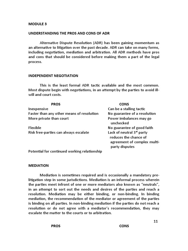 ADR Negotiation: Pros and Cons | PDF | Mediation | Alternative Dispute ...