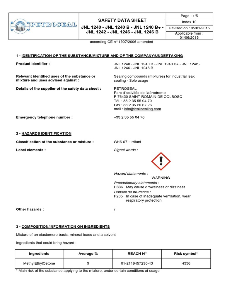 MSDS JNL-1240 | PDF | Toxicity | Chemical Substances