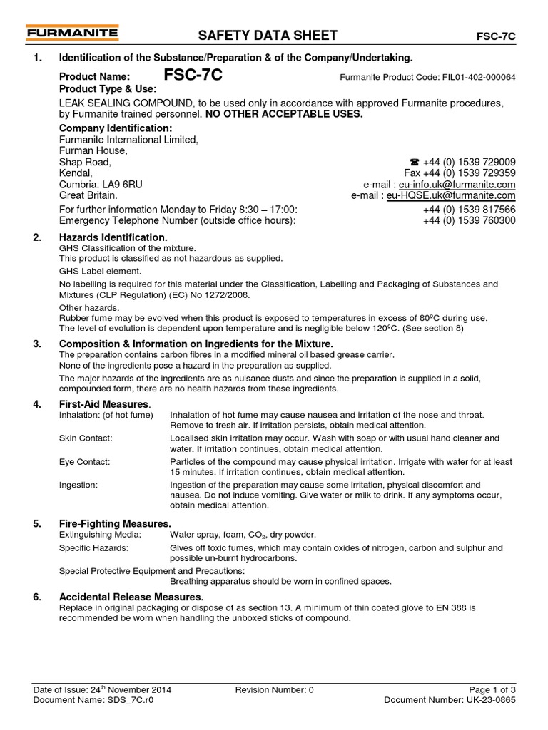 Safety Data Sheet for FSC-7C Leak Sealing Compound | PDF | Chemistry ...