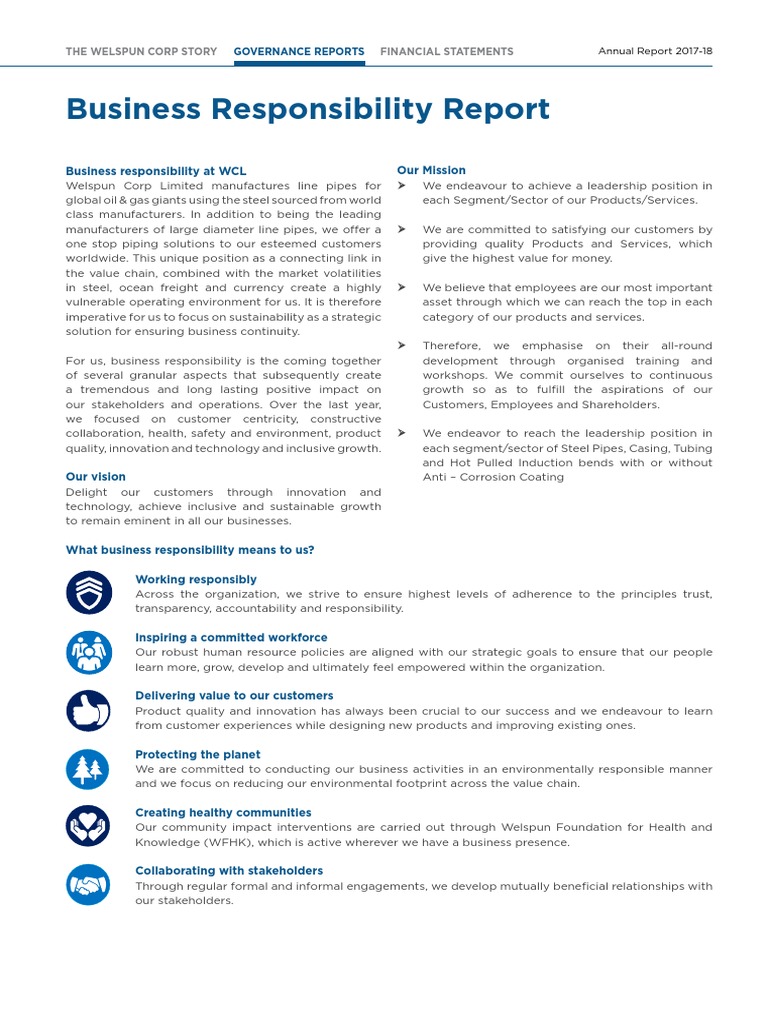 Business Responsibility Report Financial Statements The Welspun Corp