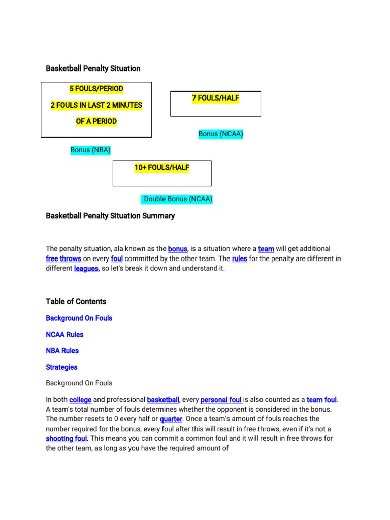 Basketball Penalty Situation Bonus Team Free Throws Foul Rules Leagues