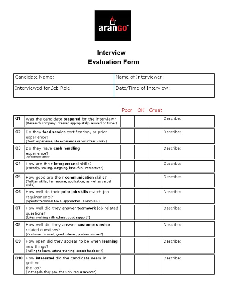Interview Evaluation Form Template | PDF | Psychological Concepts ...