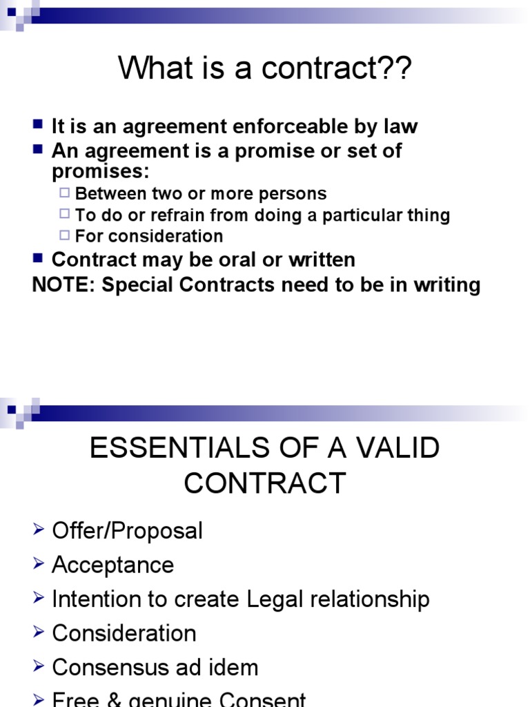 What Is A Contract?? It Is An Agreement Enforceable by Law An