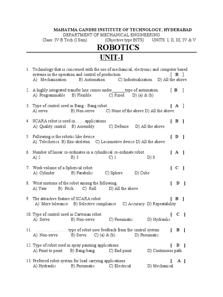 Objectve Question Bank Robotics PDF Kinematics Mechanical