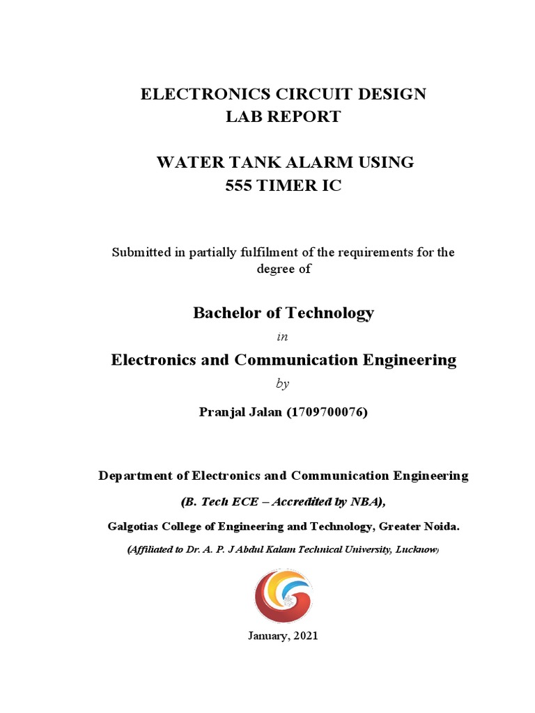 Electronics Circuit Design Lab Report Water Tank Alarm Using 555 Timer