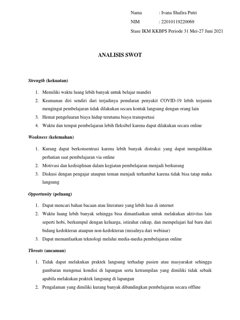 Analisis SWOT - Ivana Shafira Putri - 22010119220069 | PDF