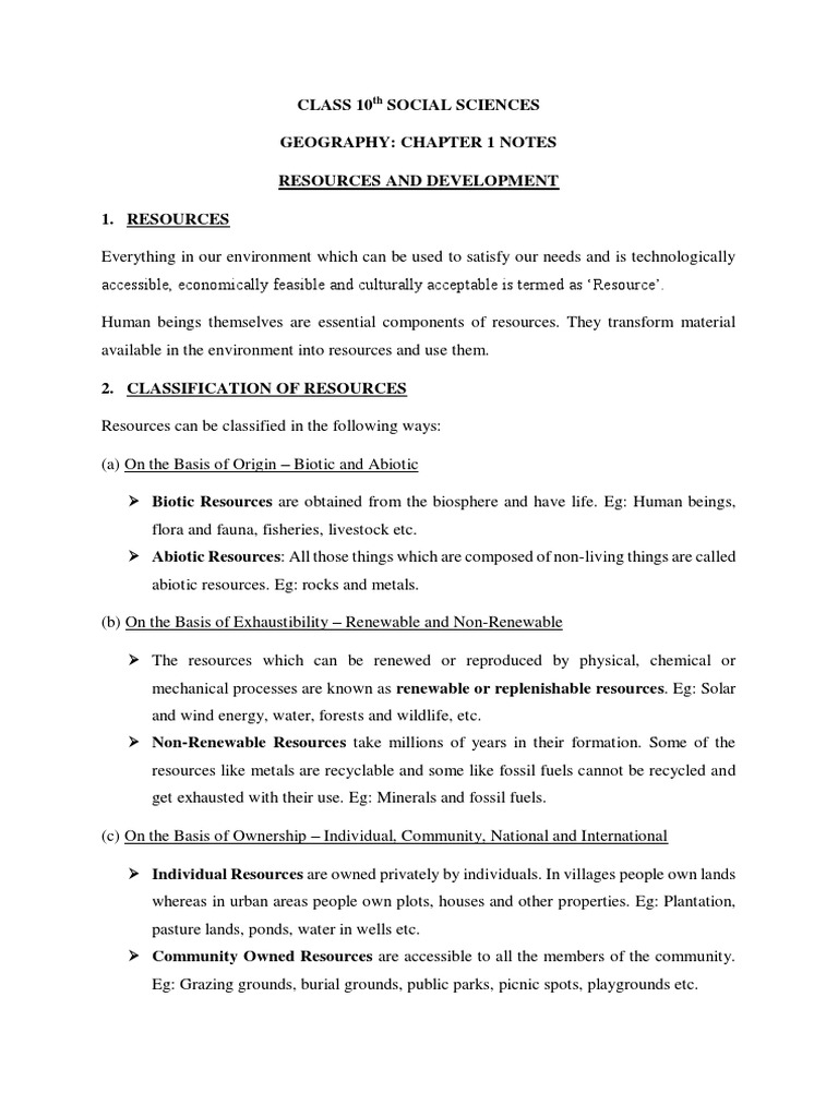 Class 10 Social Sciences Geography Chapter 1 Notes Resources and