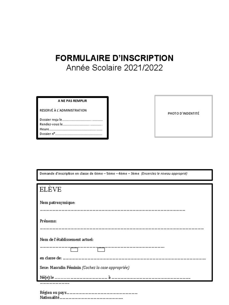 Formulaire d'inscription scolaire 2021/2022 | PDF | Jeux et activités ...