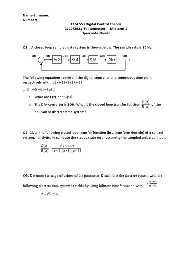 Digital Control Theory Midterm Exam 2021 | PDF | Teaching Methods ...