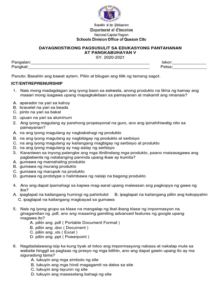 EPP 5 Diagnostic Test | PDF