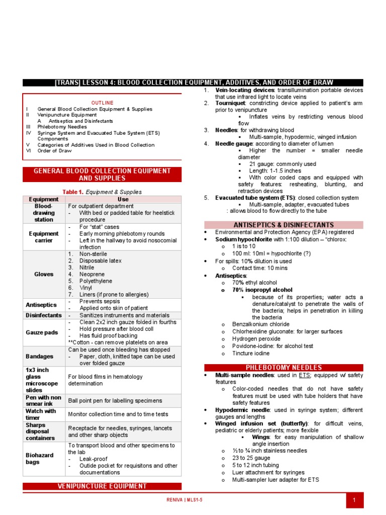 ETS Blood Collection and Order of Draw | PDF | Chemistry | Medical ...