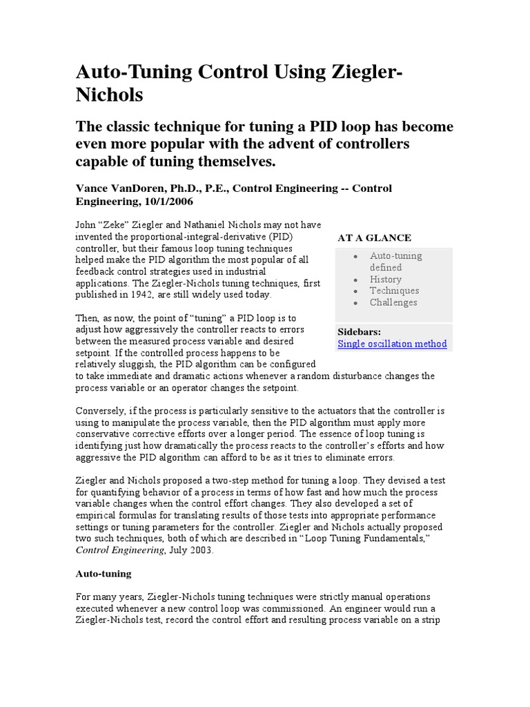 AutoTuning Control Using ZieglerNichols PDF Control Theory