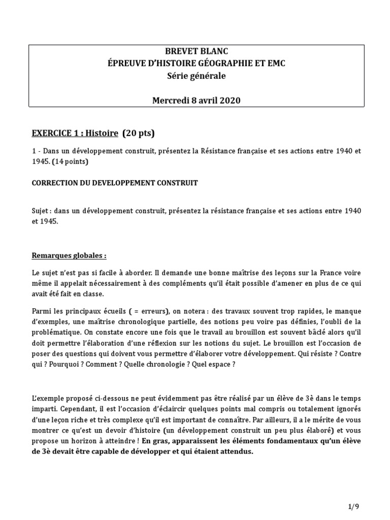 Sujet Brevet Seconde Guerre Mondiale Pdf Corrigé CORRIGÉ Sujet Histoire-Géographie DNB Blanc Série Générale | PDF |  Résistance française | France de Vichy