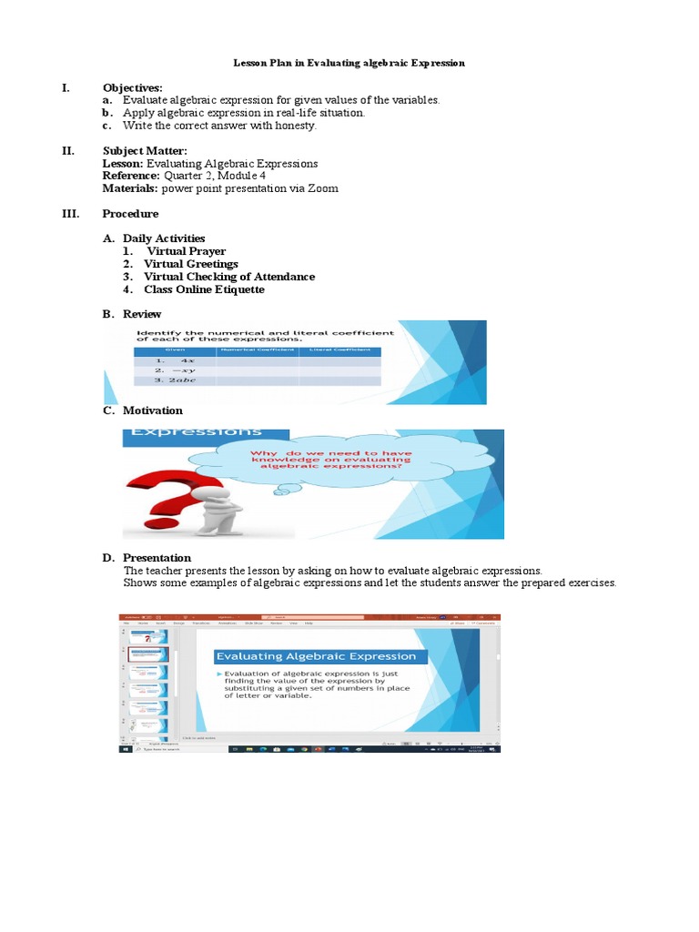 Evaluating Algebraic Expressions Lesson Plan | PDF | Teaching Methods ...