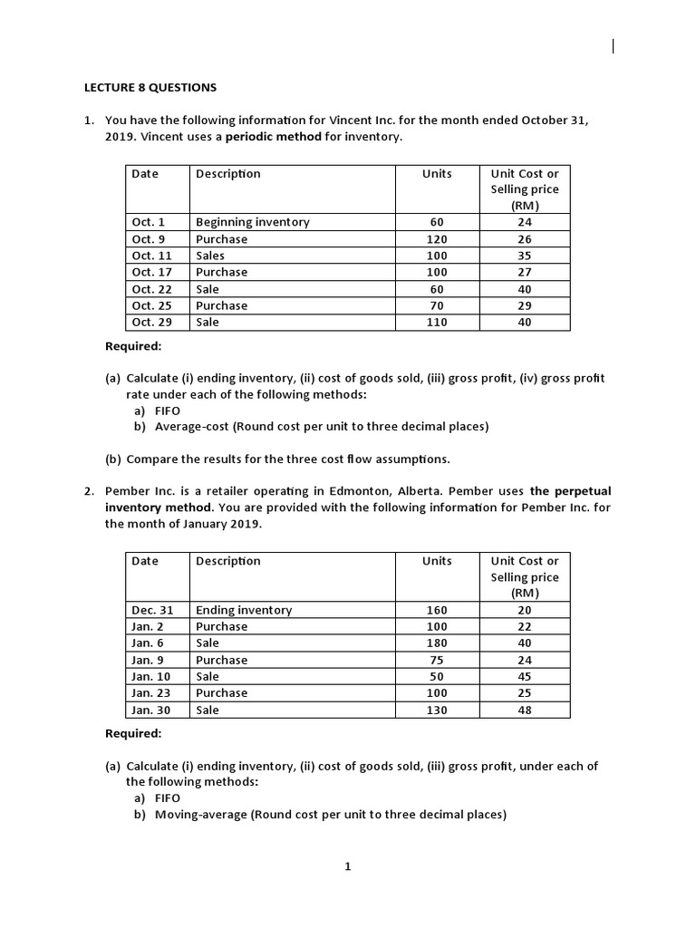 Lecture 8 - Exercises - Question | PDF | Cost Of Goods Sold | Business ...