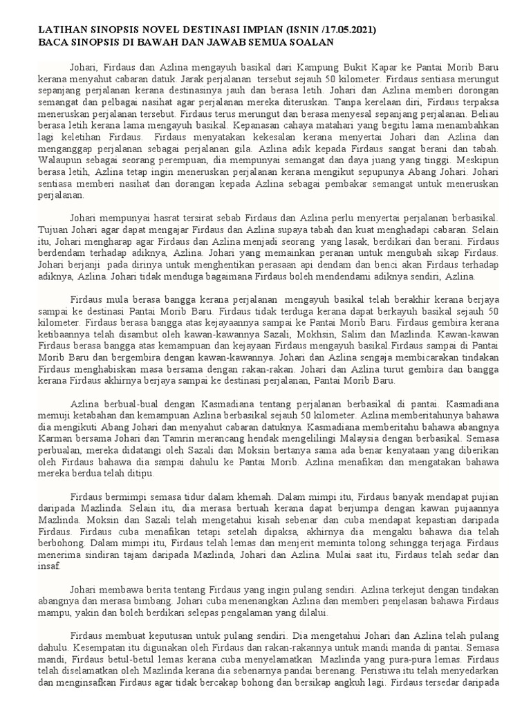 Latihan Sinopsis Novel Destinasi Impian | PDF