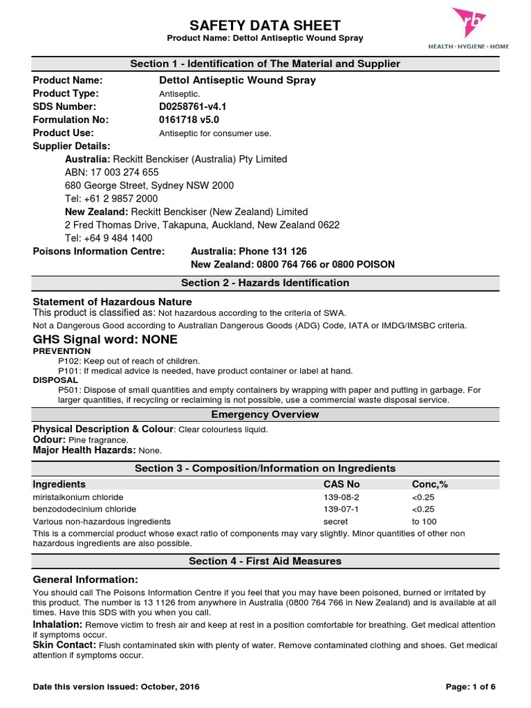 Dettol Antiseptic Wound Wash SprayV4.1D0258761 PDF Toxicity Personal Protective Equipment