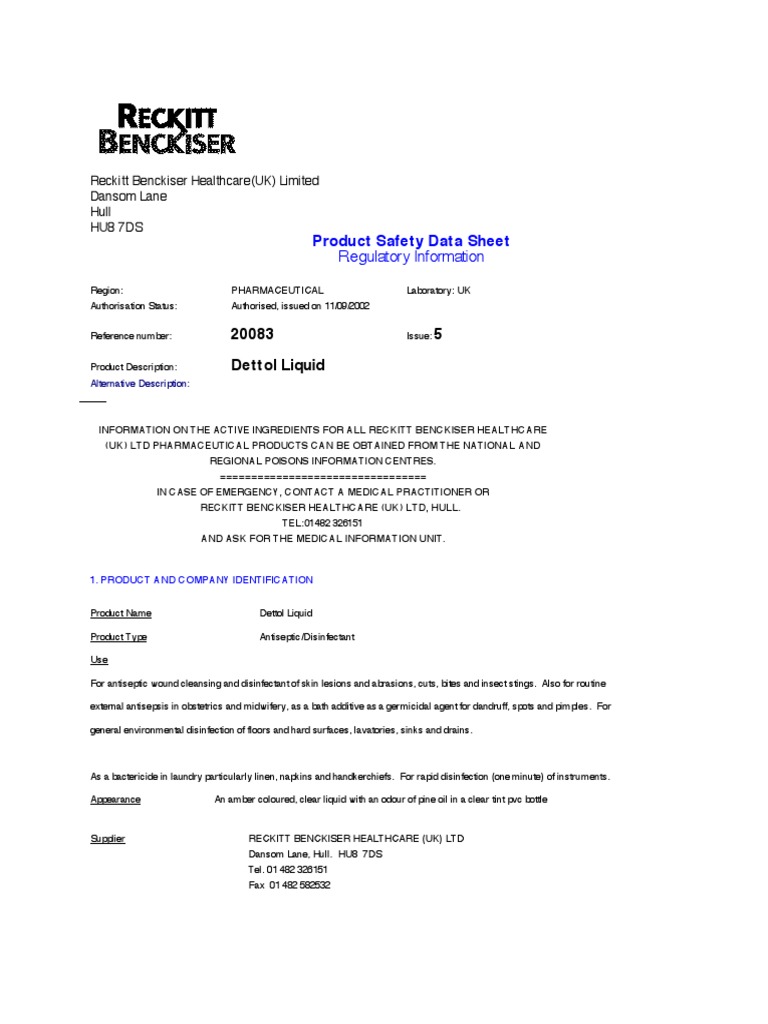 Product Safety Data Sheet for Dettol Liquid providing comprehensive