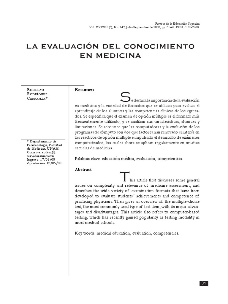 La Evaluación Del Conocimiento En Medicina Pdf Prueba Evaluación