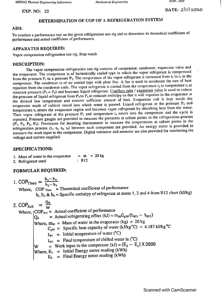 Determination of Cop of A Refrigeration System | PDF
