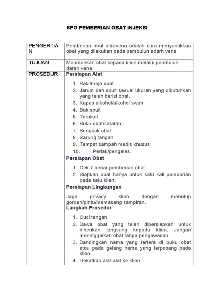 Prosedur Pemberian Obat Injeksi IV | PDF | Kesehatan Holistik | Sains ...