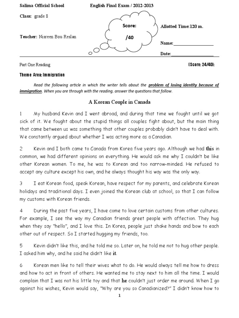 Grade 8 Losing Identity Bec. of Immigration | PDF | Korean Language | Korea