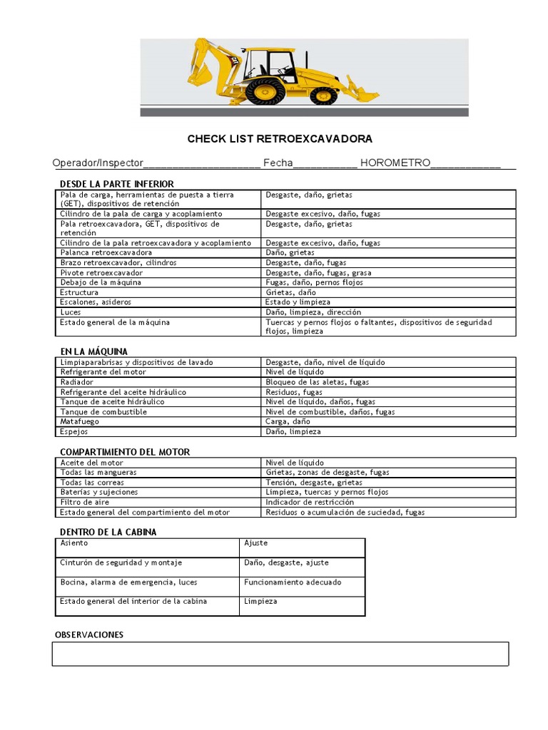 Check lista retroexcavadora inspección máquina | PDF | Bienes ...