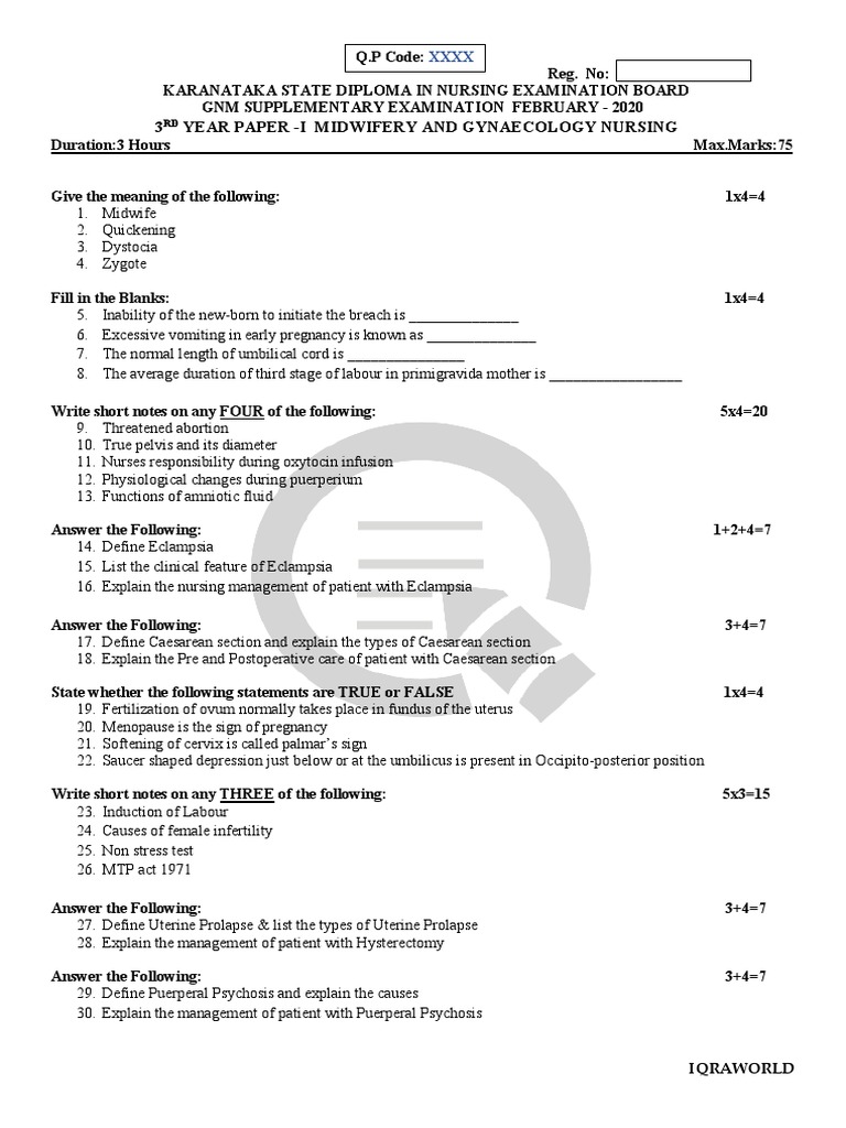 3.1 Midwifery & Gynaecology Nursing Papers QP | PDF | Childbirth | Uterus