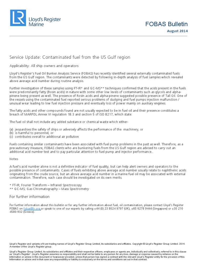 FOBAS Bulletin: Service Update: Contaminated Fuel From The US Gulf ...