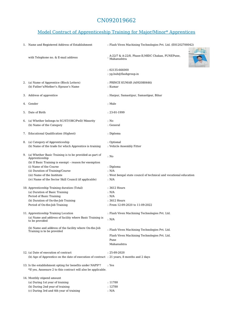 Model Contract of Apprenticeship Training for Major/Minor Apprentices ...