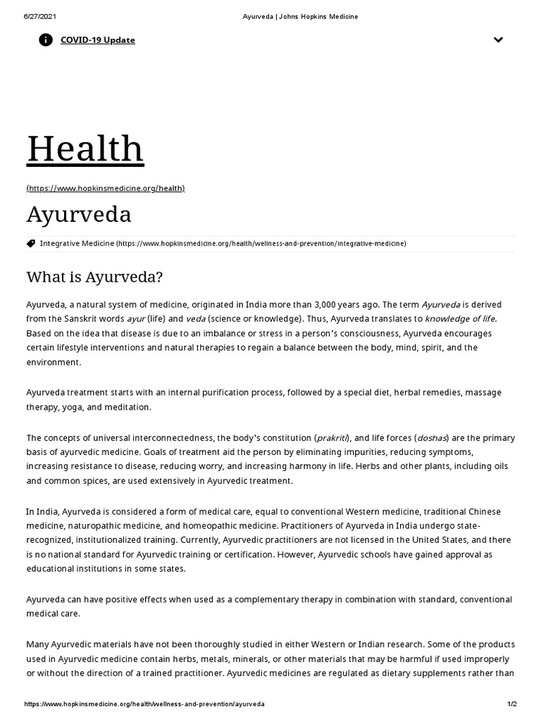 Ayurveda Johns Hopkins Medicine PDF Ayurveda Alternative Medicine