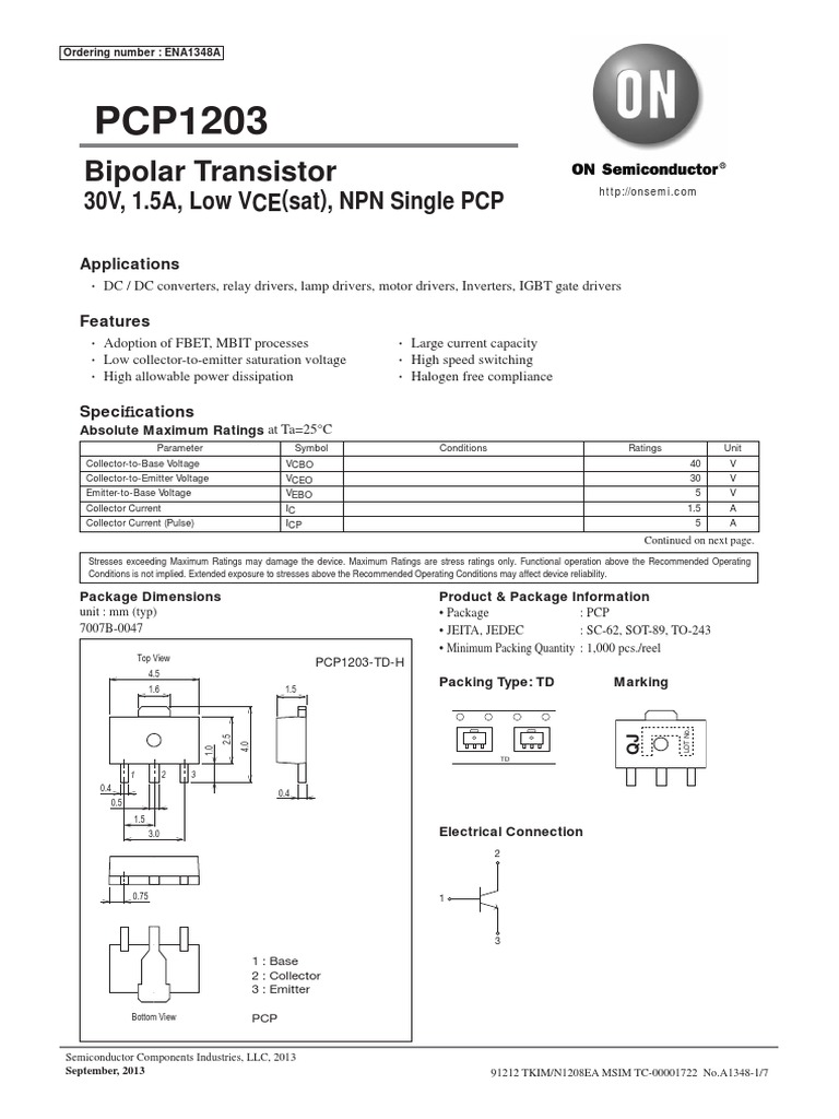 Bipolar Transistor 30V, 1.5A, Low VCE (Sat), NPN Single PCP PDF Bipolar Junction Transistor