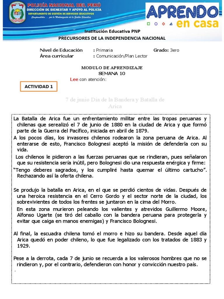 Ficha Plan Lector Semana 10 Junio Dia de La Bandera | PDF | Conflictos ...