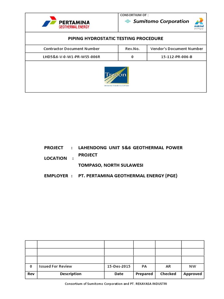 Hydrostatic Testing Procedure for Piping | PDF | Leak | Pipe (Fluid ...
