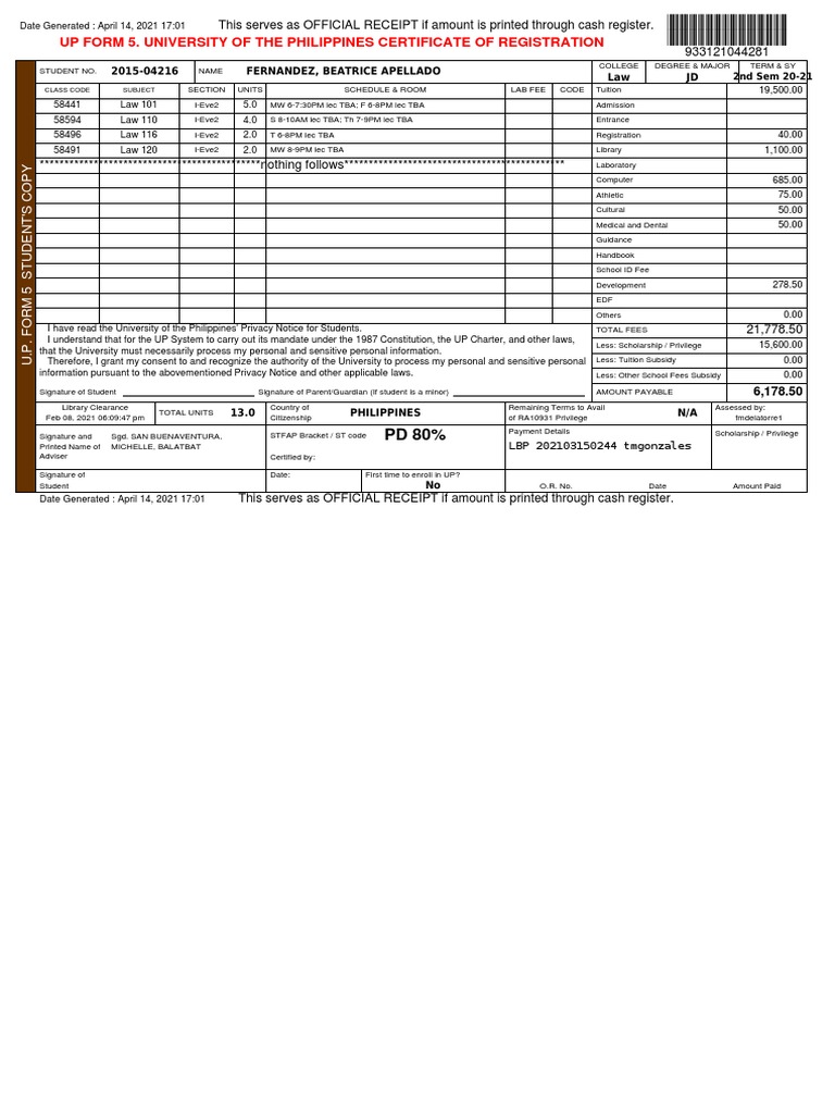 UP Certificate of Registration 2021 | PDF | Government | Justice