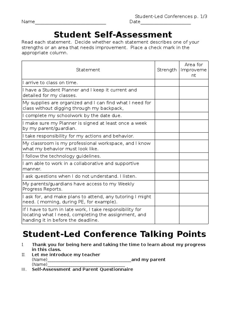 Student Led Conference Worksheets