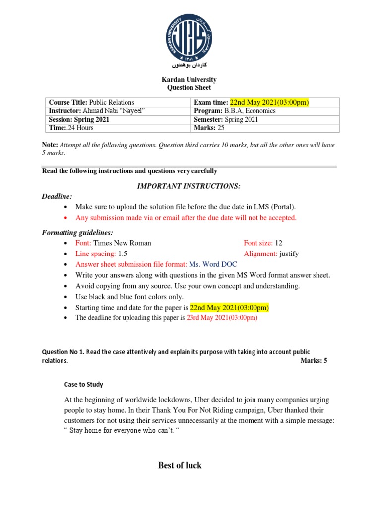 Public Relations Exam Questions | PDF | Communication | Business