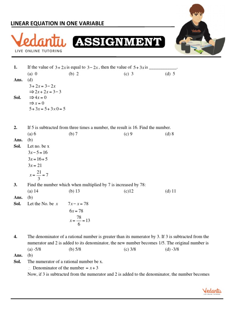 Linear Equation in One Variable Part 3 Assignment | PDF | Numbers ...