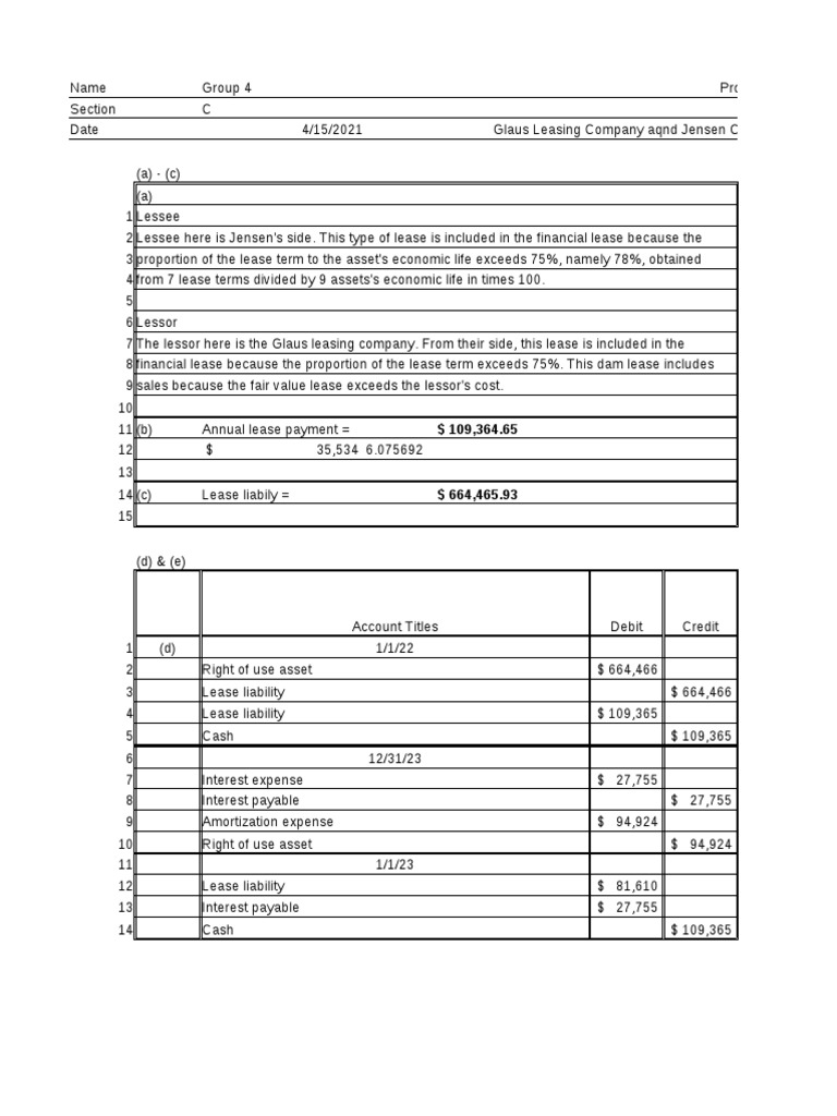 Glaus Leasing & Jensen Corp Lease Analysis | PDF | Lease | Debits And ...