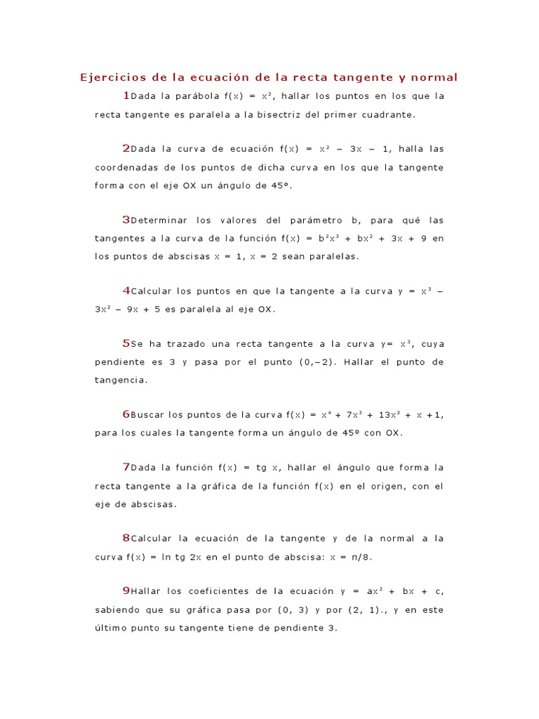 Calculadora Ecuacion De La Recta Tangente Ejercicios de La Ecuación de La Recta Tangente y Normal | PDF | Tangente |  Línea (geometría)