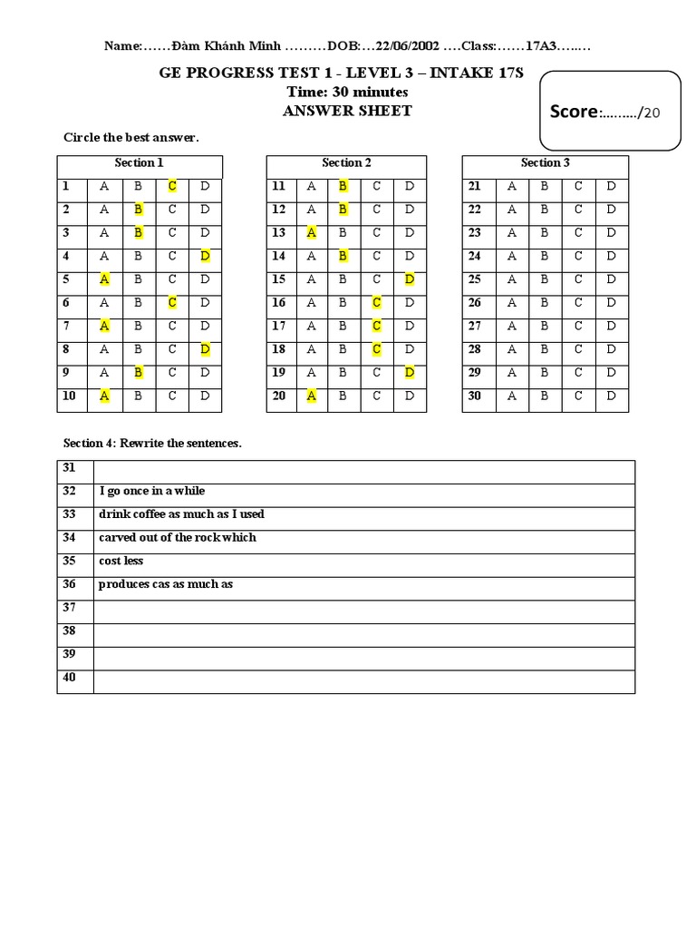 GE Progress Test 1 - Level 3 Answer Sheet | PDF