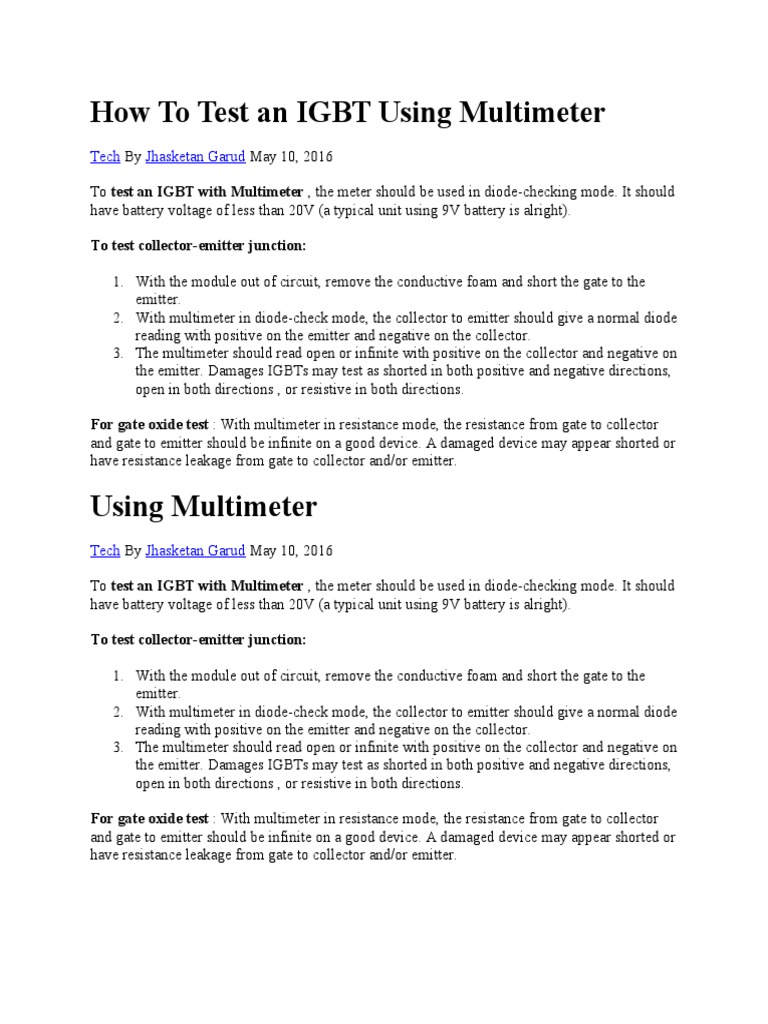 How To Test An IGBT Using Multimeter: Tech Jhasketan Garud | PDF