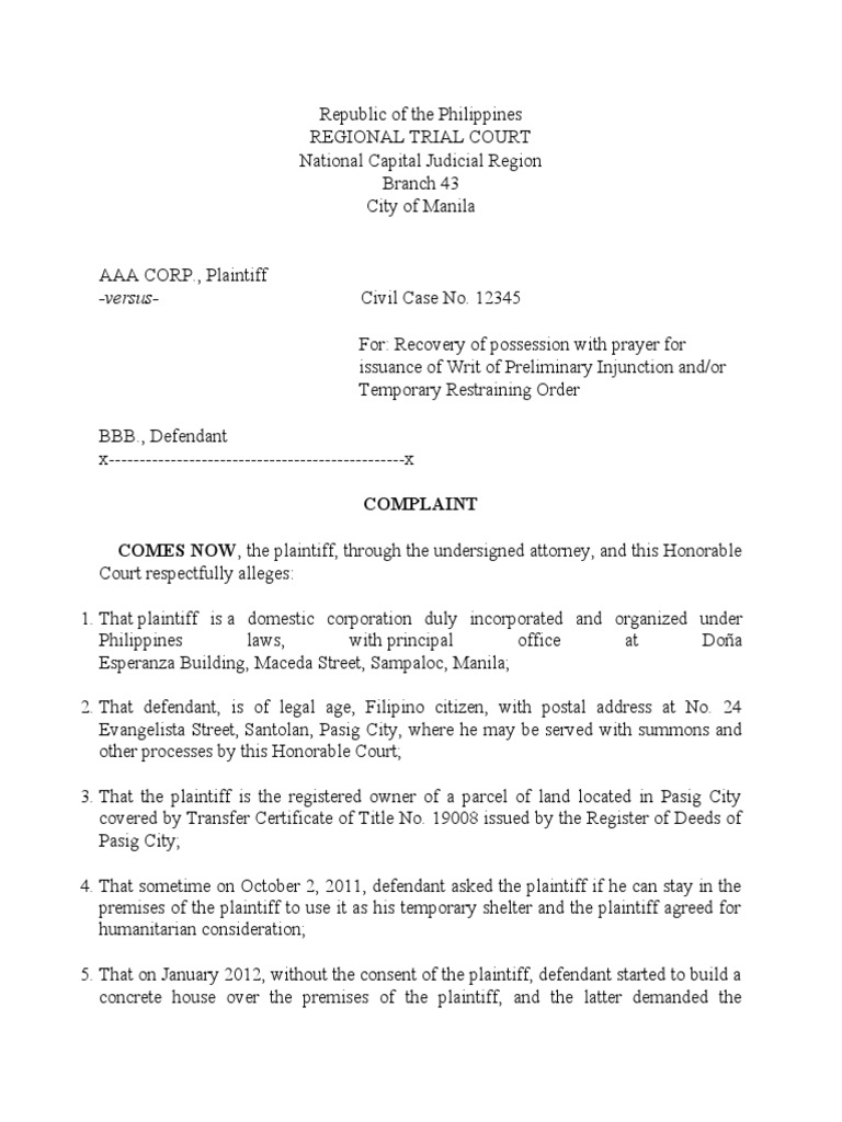 Injunction Request in Property Dispute | PDF | Injunction | Civil Law ...