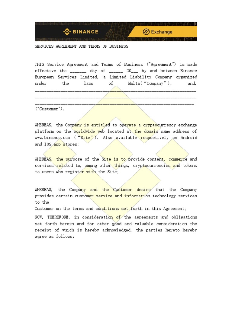 Binance Crypto Exchange Service Agreement | PDF | Password | Computing