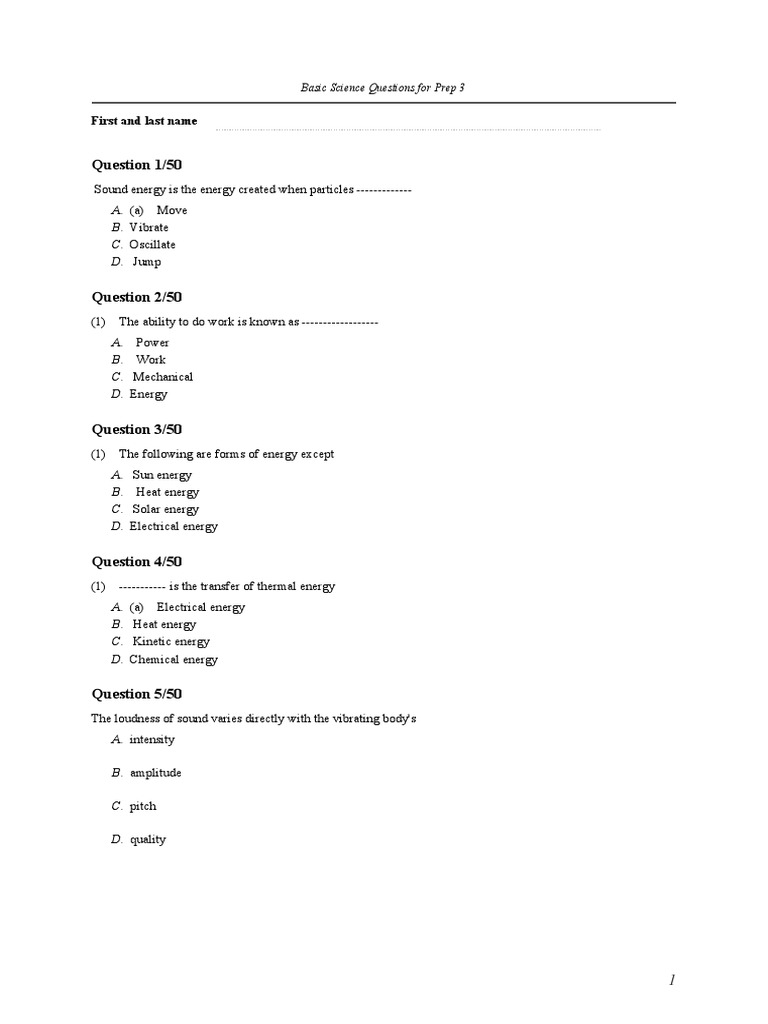 Basic Science Questions For Prep 3 - Questions | PDF | Sound | Liquids