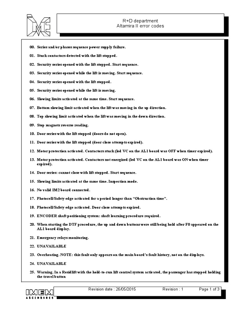 Altamira II Lift Error Codes List | PDF | Elevator | Relay
