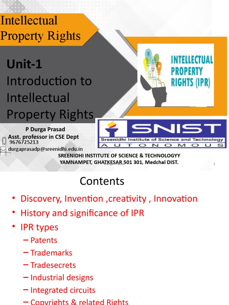 Intellectual Property Rights Unit1 PDF Intellectual Property